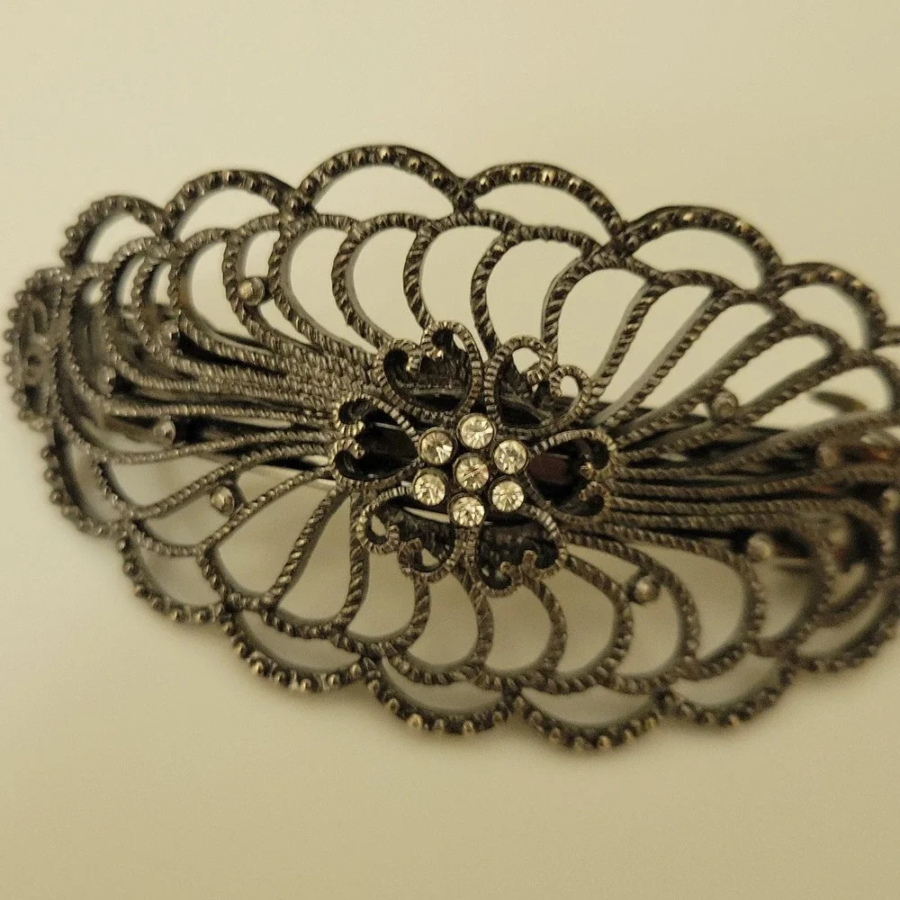 Vintage Style Silver Tone Filigree Rhinestone Hair Barrette Clip 3.5